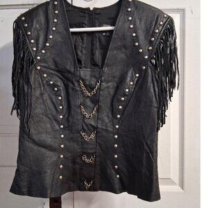 Black Leather Vest With Fringe Chain Accents & Pearl Studs Medium Leather Galler